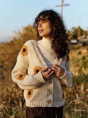 Embroidered Sunflower Cream Button-Up Cardigan